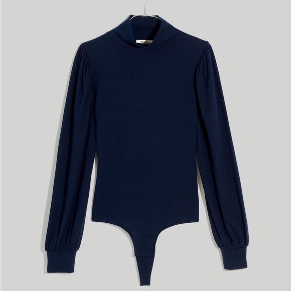 Madewell Tops - Madewell Ribbed Puff Sleeve Turtleneck Thong Bodysuit in Navy Blue Size Medium